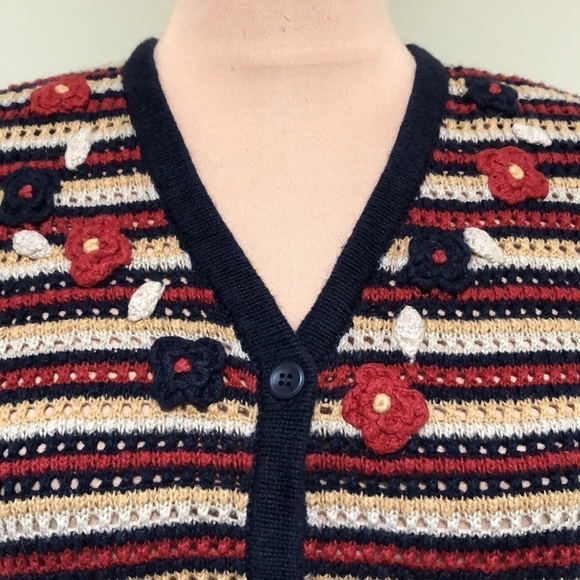 Vintage Cardigan Sweater Size Medium Crochet Navy Blue Tan Red Striped Floral - Picture 3 of 9